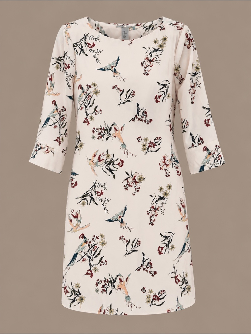 H&M Cream Shift Dress with Floral & Bird Print